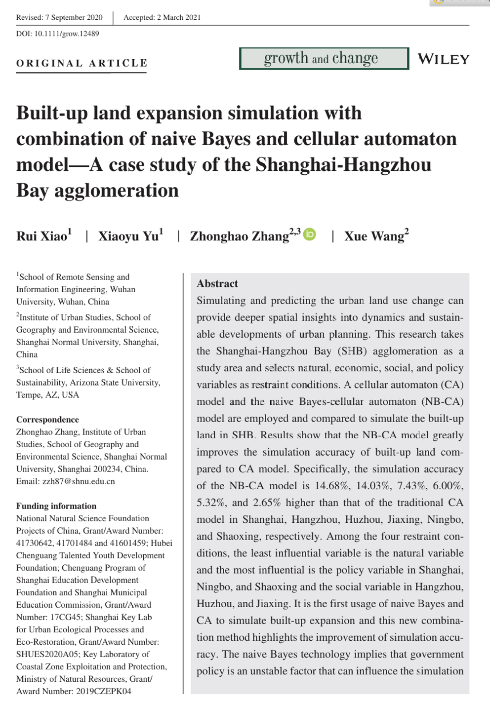 Built‐up land expansion simulation with combination of naive Bayes and cellular automaton model—A case study of the Shanghai‐Hangzhou Bay agglomeration