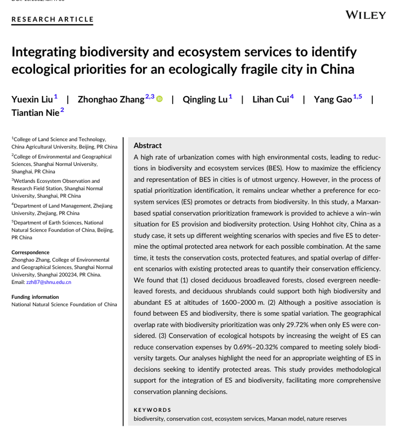 Integrating biodiversity and ecosystem services to identify ecological priorities for an ecologically fragile city in China